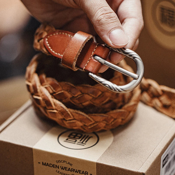 ខ្សែក្រវាត់ Maden Vintage Belt Woven Vegetable Tanned Cowhide Leather Belt Accessories with two layer cowhide for Men's Versatile Brown Belt