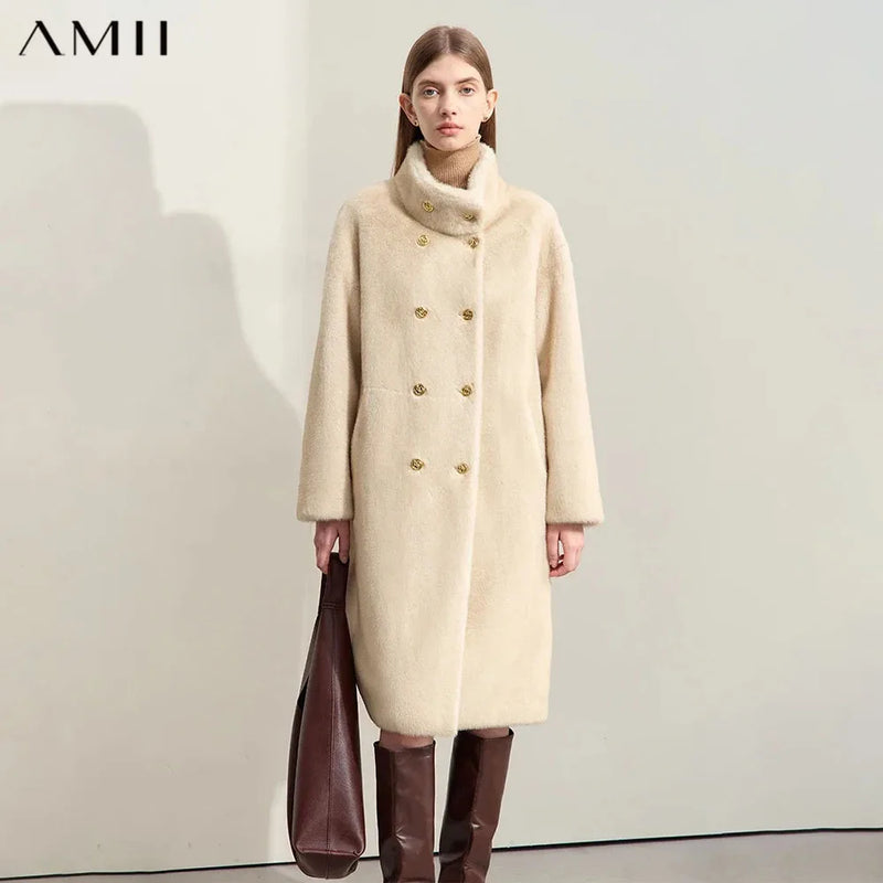 AMII Minimalism 2026 Winter New Warm Modern Turtleneck Double Breasted Imitation Mink Eco-friendly Fur Lady Fleece Coat 12424006