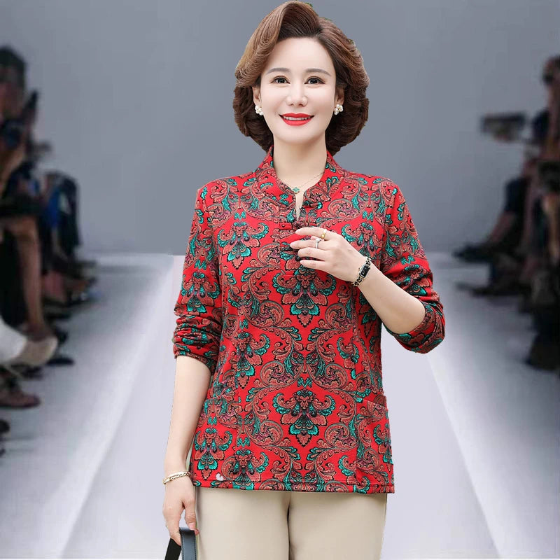 អាវយឺត Pullover ថ្មី កមូល រចនាប័ទ្ម Retro ប៊ូតុង បោះពុម្ពធរណីមាត្រ ដៃវែង អាវ Midi រលុង