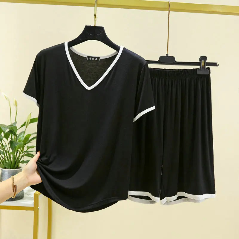 Summer Ensemble Femme 2 Pièces New Modal Short Sleeve Sleepwear Set V Neck T-Shirt Shorts Suit Casual Pajamas Women Nightwear