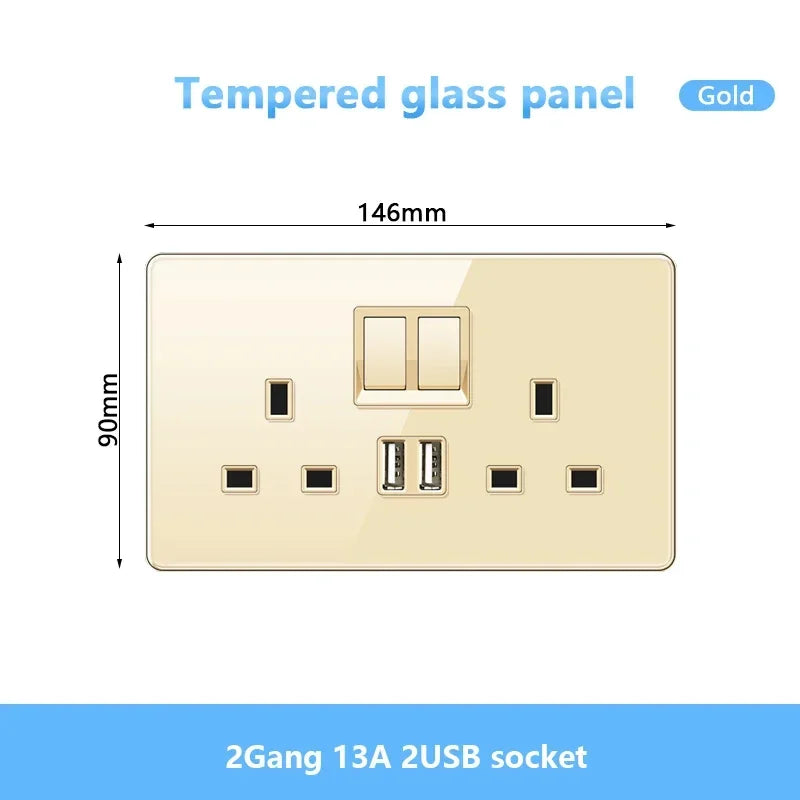 Gold UK 13A Tempered Glass USB Socket Plug,18W Type-C Fast charging Universal 3pin Dual Power Outlet,Wall 2way Light Switch