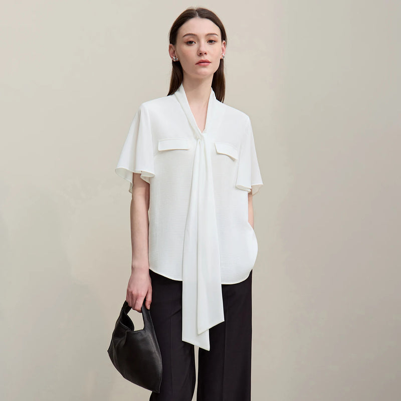 Amii Women's Blouse 2026 Summer New Linen Blend Tie Neck Flounce Sleeve Chiffon Tops Elegant Casual Shirt for Women 12622219