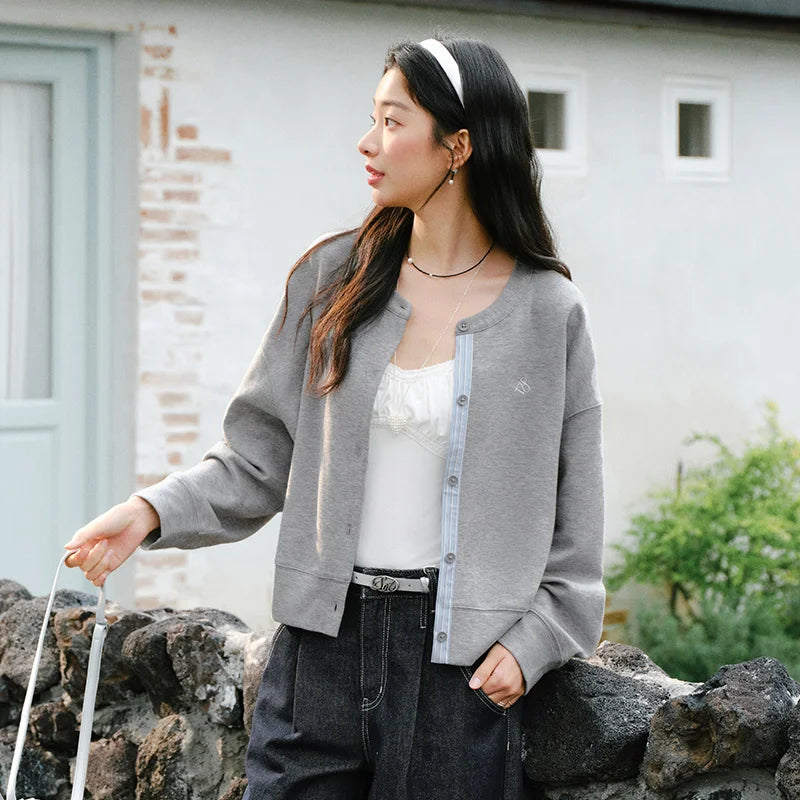 Semir Layered Jacket Women 2026 Spring Short Crew Neck Striped Spliced Loose Drop Shoulder Embroidered Casual Fashion Top