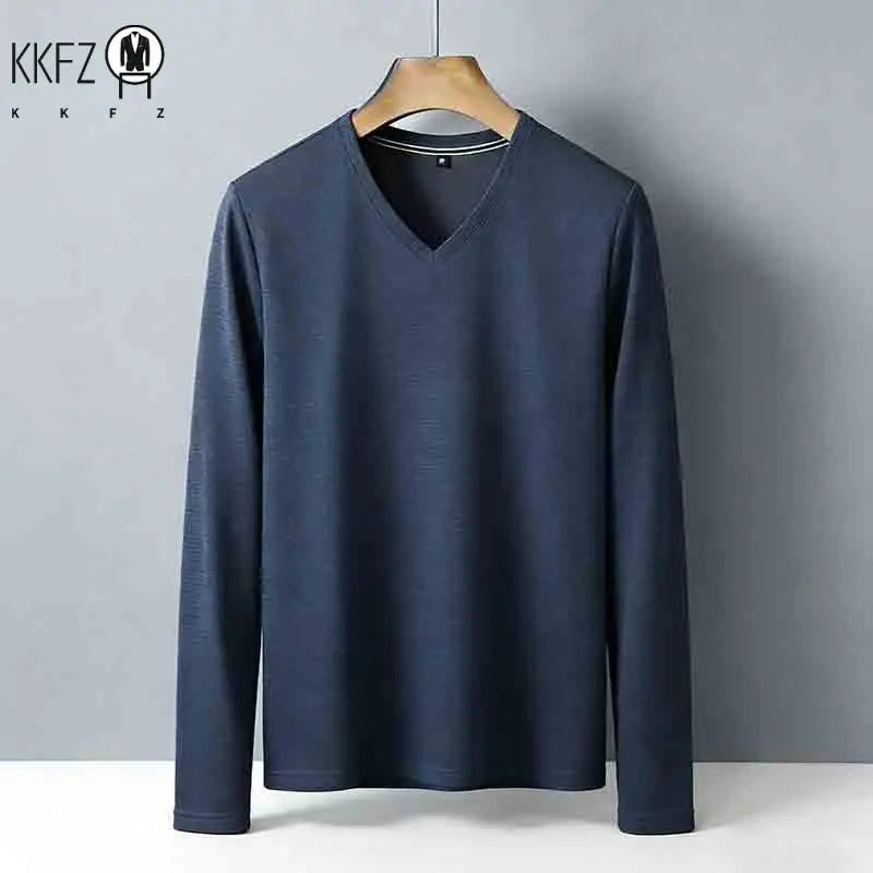 Men's Tan V-neck Long Sleeve Knit Top Classic Solid Color Everyday Outfit for All Ages