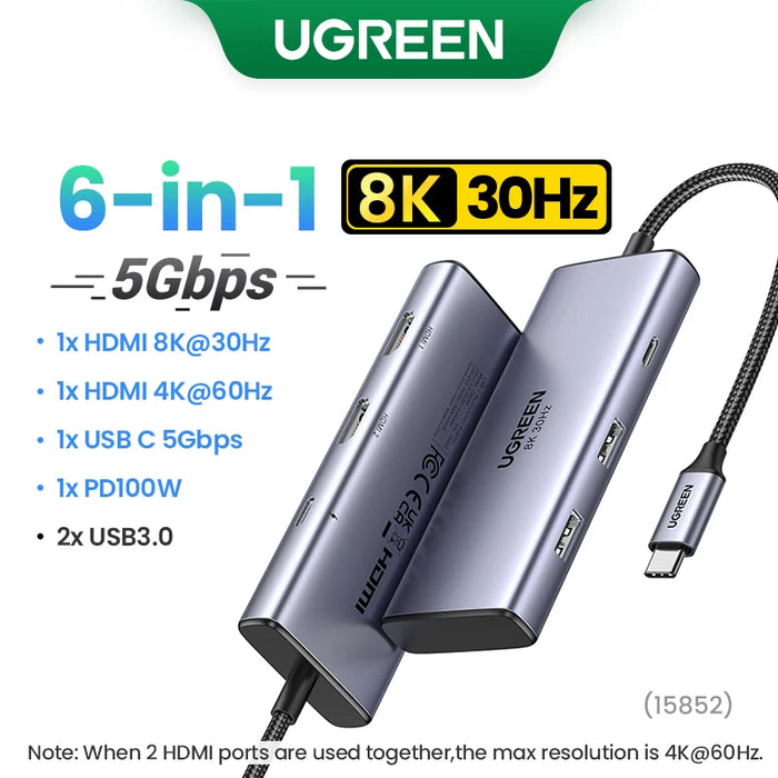 UGREEN 10Gbps USB C HUB 4K60Hz Type C to HDMI RJ45 Ethernet PD100W for MacBook iPad Huawei Sumsang PC Tablet Phone USB 3.0 HUB 5Gbps 6-in-1 8K30Hz CHINA