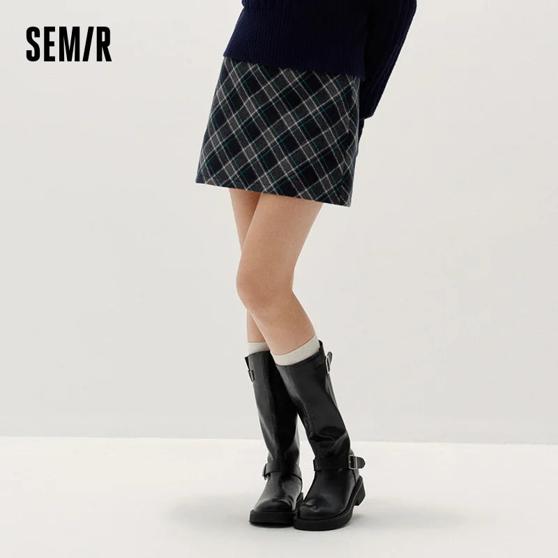 Semir Women Woolen Skirt Partial Elastic Waist Plaid Preppy Style 2026 New Winter Daily Wear Urban Casual Style