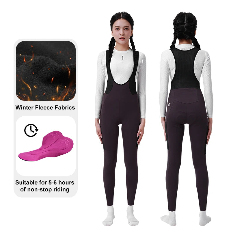 INBIKE Thermal Cycling Bib Pants Women Winter Bike Biking Bib Tights Padded Bicycle Long Leggings with Pockets MTB Cycling Pants