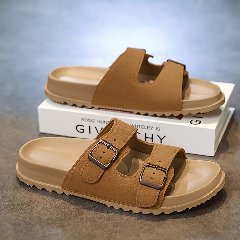 Summer Mens Microfiber Leather Slides Slippers With Adjustable Buckle Sandals Lightweight Anti Slip Slippers Cheap