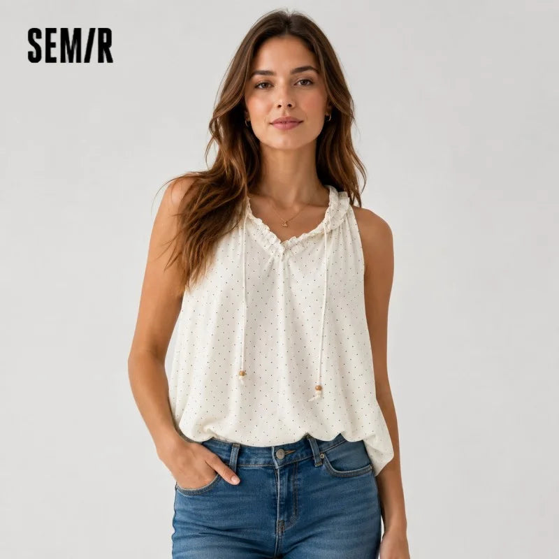 Semir Womens Shirt 2026 Polka Dot Ruffle Sleeveless Retro Gentle Style Casual Elegant