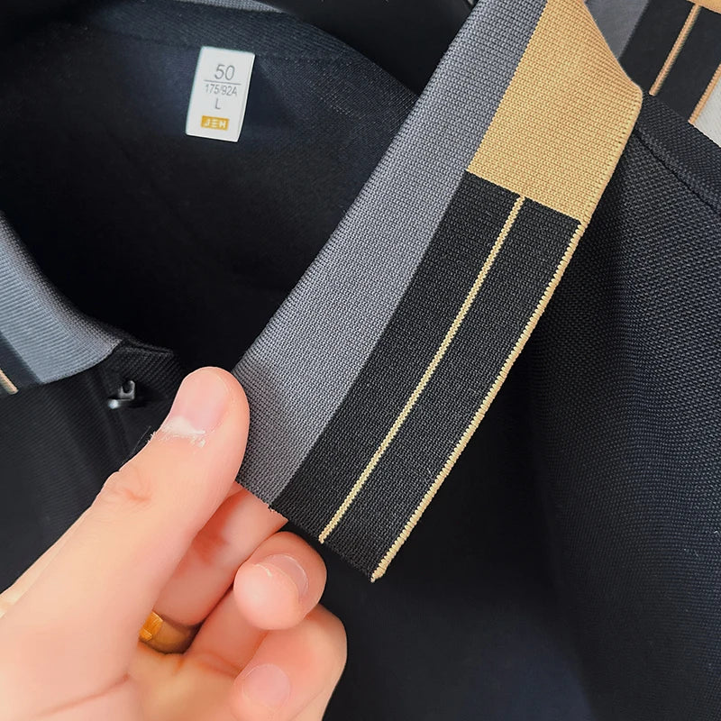 Quality Man Short-Sleeved Polo Shirt Lapel Button Color Blocking Letter Print British Style New T-Shirt Business Casual MensWear