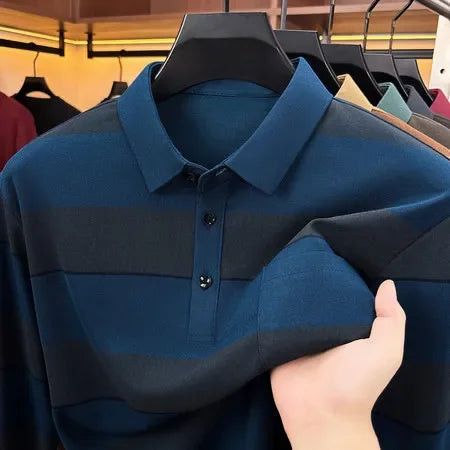 Mens Relaxed Lapel Polo Shirt Long Sleeve Horizontal Stripes Button Placket Casual Street Daily Fashion Outfit