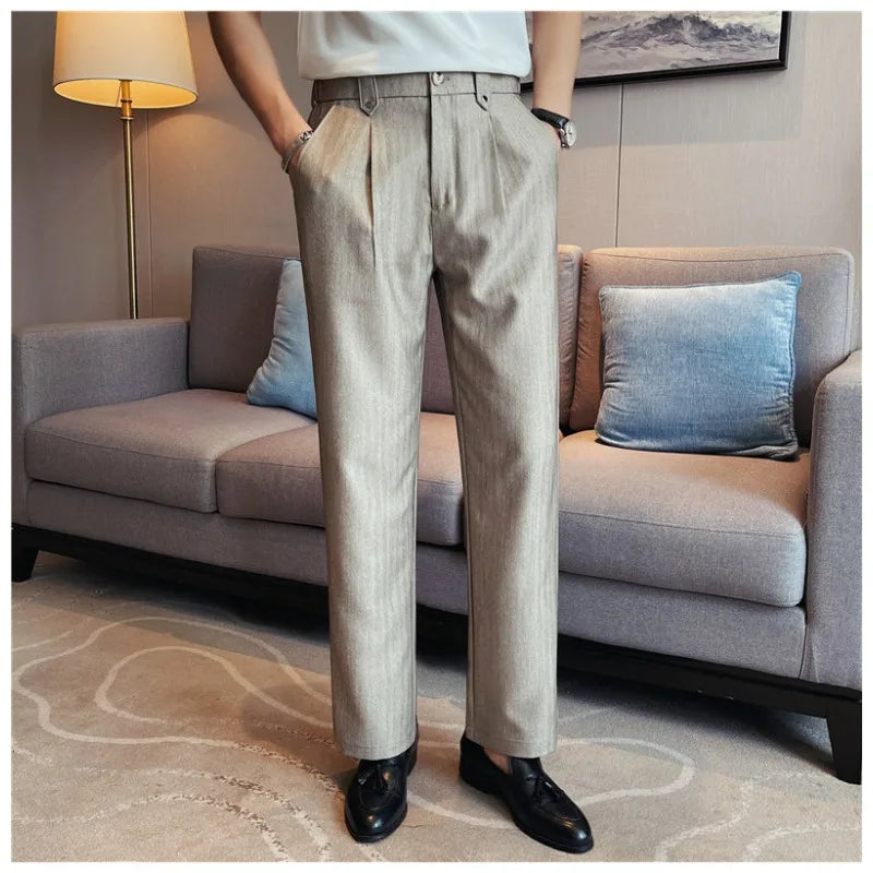 Men's Elastic Waist Straight-Leg Striped Trousers Slimming Herringbone Texture Dress Pants with Natural Drape Wrinkle Resistance
