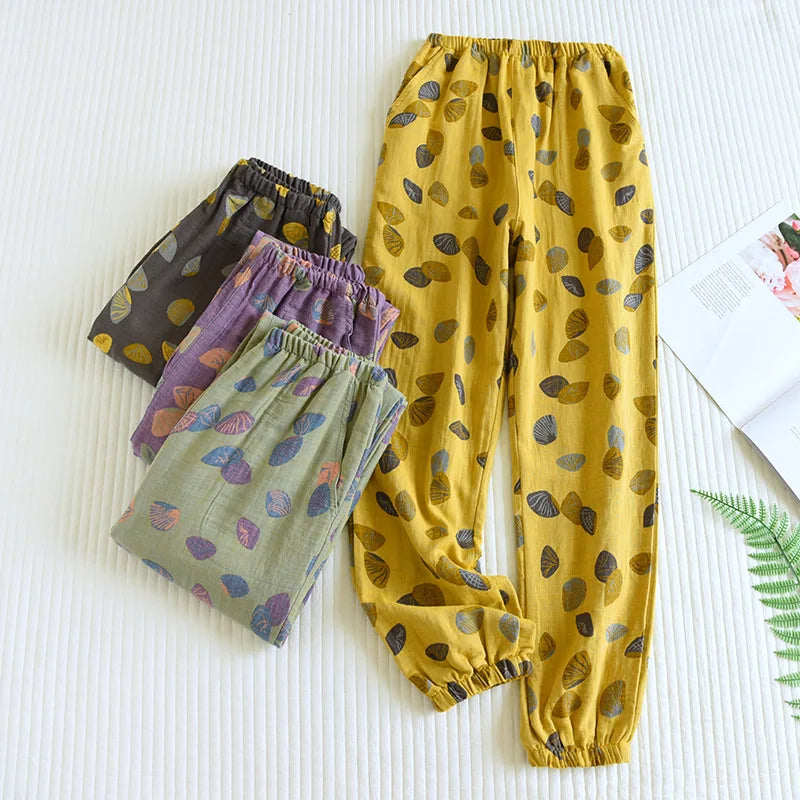 ខោ pajamas កប្បាស 100% បោះពុម្ពសម្រាប់ស្ត្រី ខោរលុងសម្រាប់រដូវផ្ការីករដូវស្លឹកឈើជ្រុះ ខោការពារមូស ខោគេងផ្ទះធម្មតាសម្រាប់ស្ត្រី