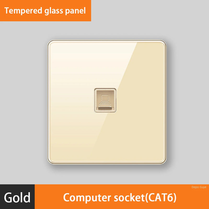 Luxury All Tempered Glass Wall Lamp Switch Button Golden UK Plug 13A Universal Wall Socket with Usb ,220V2gang2way Dimmer Switch