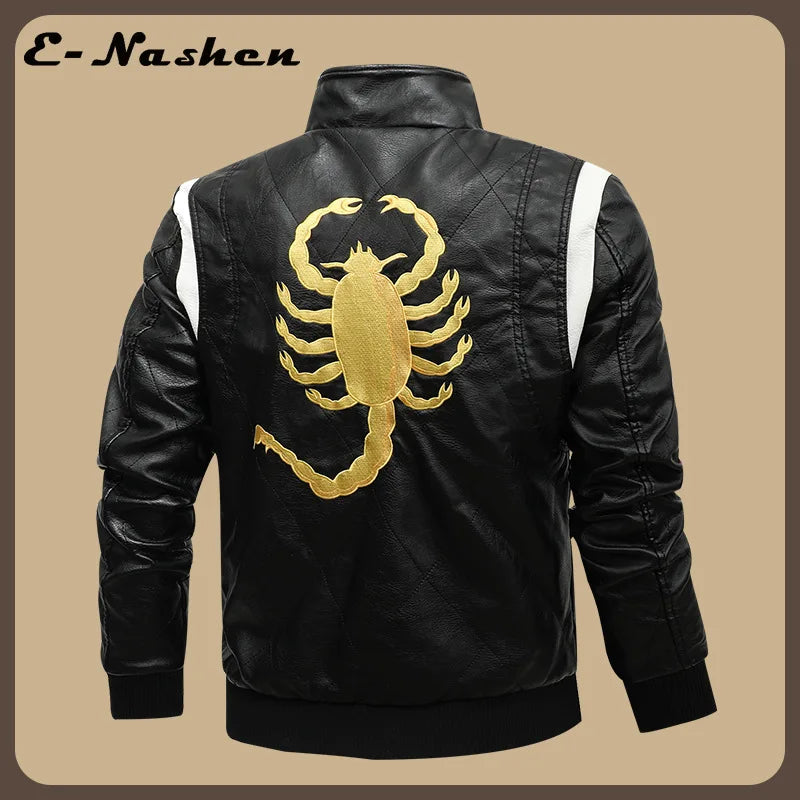 European and American-style Men's White Faux Leather Jacket; Black Hooded PU Motorcycle Coat with A Detachable Hood.