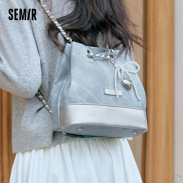 Semir Backpack Women 2025 New Style Stylish Color-blocking Imitation Denim Bucket Bag Bowknot Chain Bag Popular