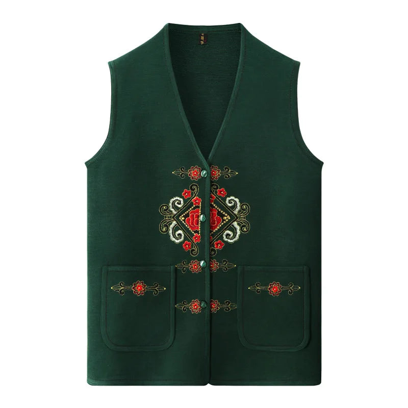 Vintage Printed Vests For Women Knit Tops Spring Autumn Middle Aged Mother Sweater Jacket Sleeveless Grandma Waistcoat XL-4XL