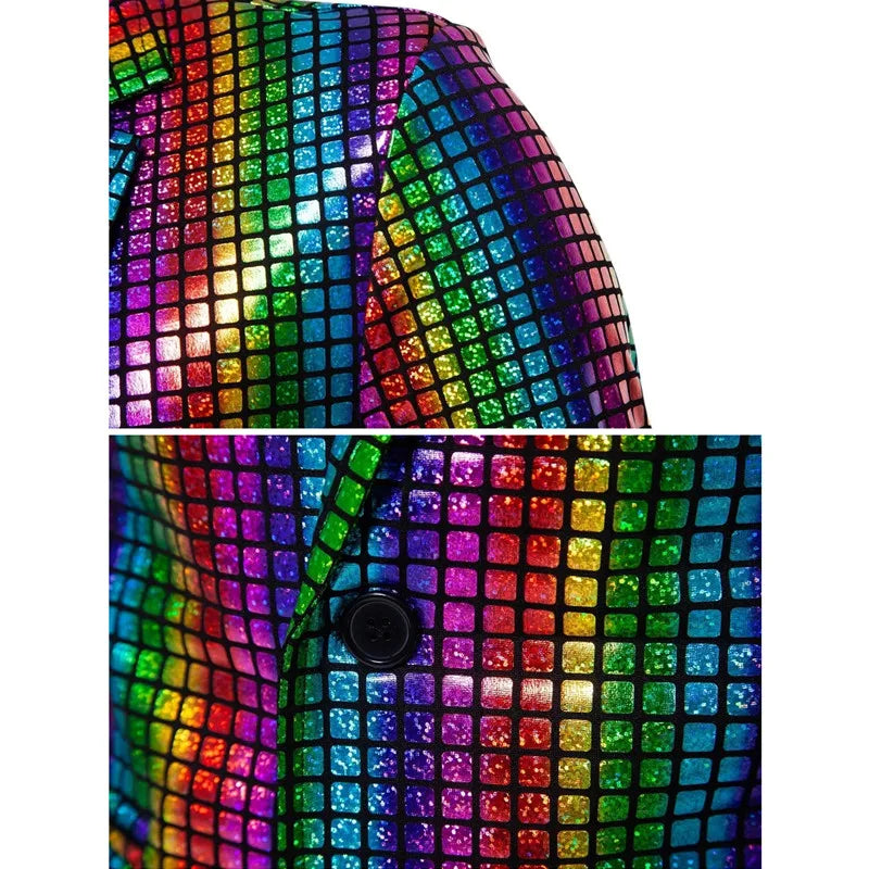 2026 Rainbow Color Men's Striped Suit Two-Piece, Fashion Suit Jacket and Pants, Green Silver Sets (Light Thin Stretch Fabrics)