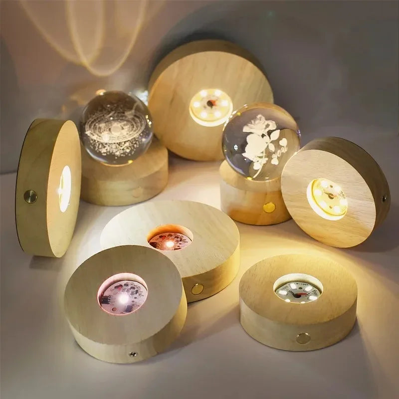 8cm Wooden LED Light with USB Plug in Display Base Round Wooden Stand Battery Powered 3D Resin Art Crystal Glass Holder