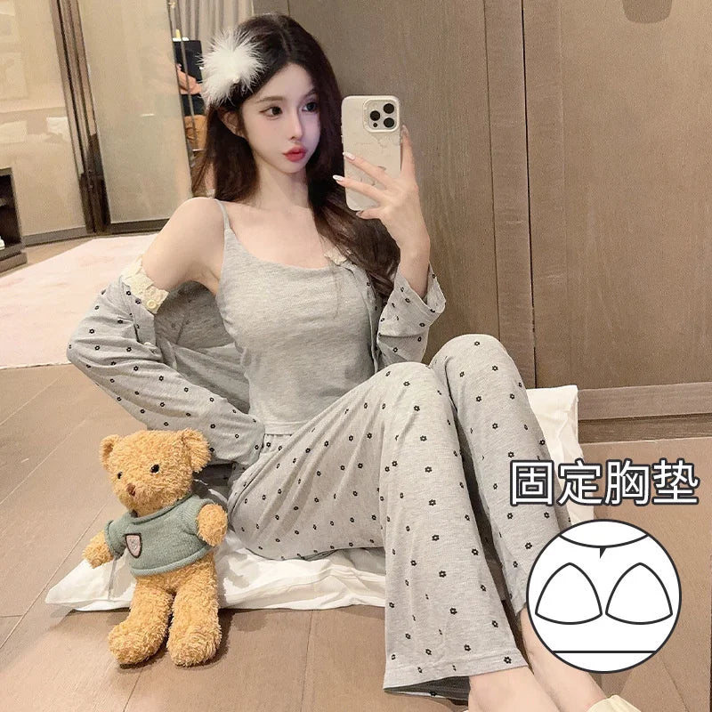 Sexy Chest Pad Modal Pajamas For Women Printed Slim Spring Autumn Home Clothing Korean Three Pieces Set New Pijama Mujer