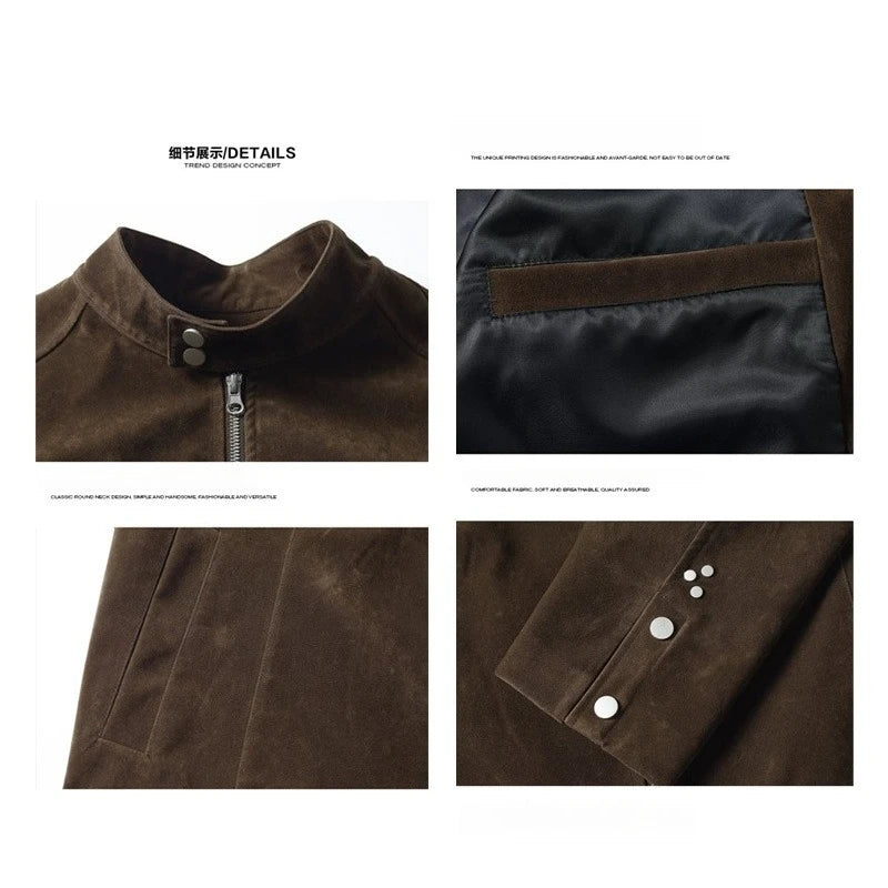 Men's Retro Suede Jacket Vintage Stand Up Collar Zip Up Biker Jacket |Y2K High Street Loose Fit Short Coat Casual Daily Wear