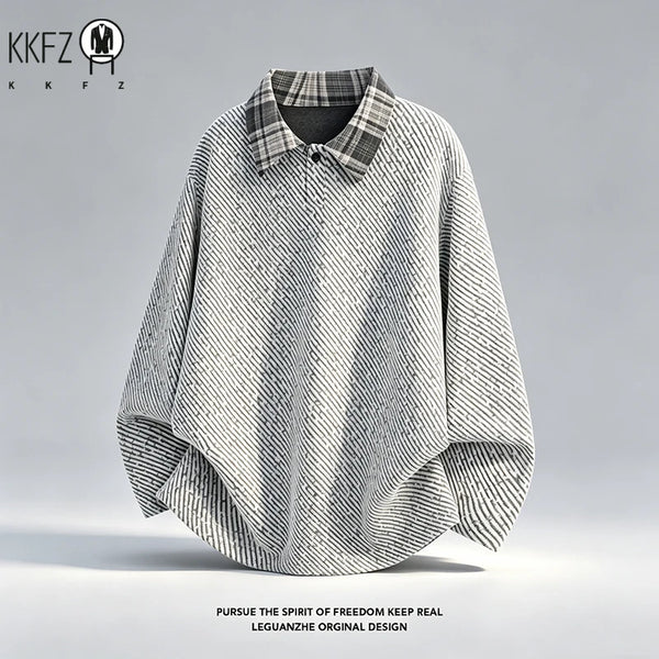 Autumn Mens Loose V Neck Corduroy Top Long Sleeve Plaid Contrast Collar Textured Material Casual Garment