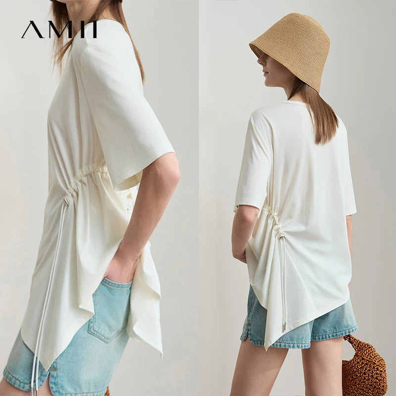 អាវយឺតរដូវក្តៅ AMII Minimalist សម្រាប់ស្ត្រីឆ្នាំ ២០២៥ កមូលដៃខ្លីរលុងអាវស្ត្រីម៉ូដថ្មីការិយាល័យ 12522042