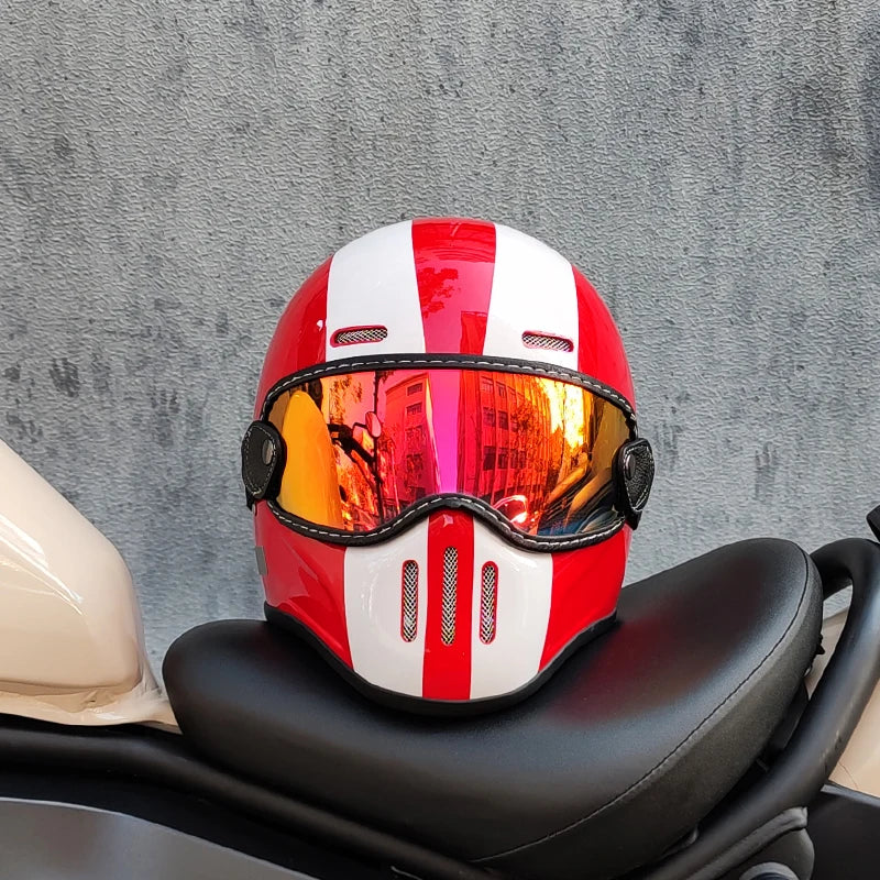 Retro ORZ helmet, fiberglass full face helmet, caf é racing driver, lightweight shell, motorcycle helmet, retro leather