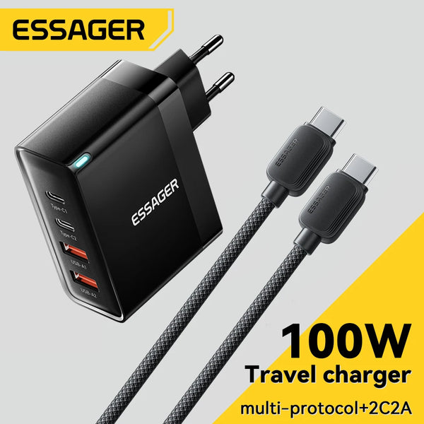 ឆ្នាំងសាក Essager 100W USB Type C ឆ្នាំងសាក 65W PD Quick Charge 4.0 3.0 Type-C សាកលឿនសម្រាប់ iPhone 16 15 14 13 Pro Xiaomi Macbook Laptop
