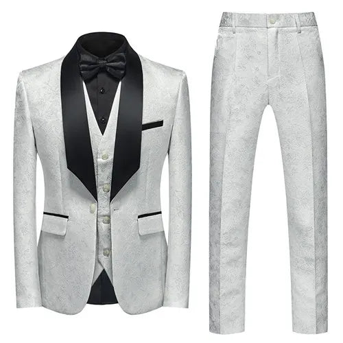 Men's Blue Jacquard Fabric Suit 3-Piece, Fashion Slim-Fit Blazer Jacket Trousers Vest, Spring  Autumn New Men Sets, Asian Size