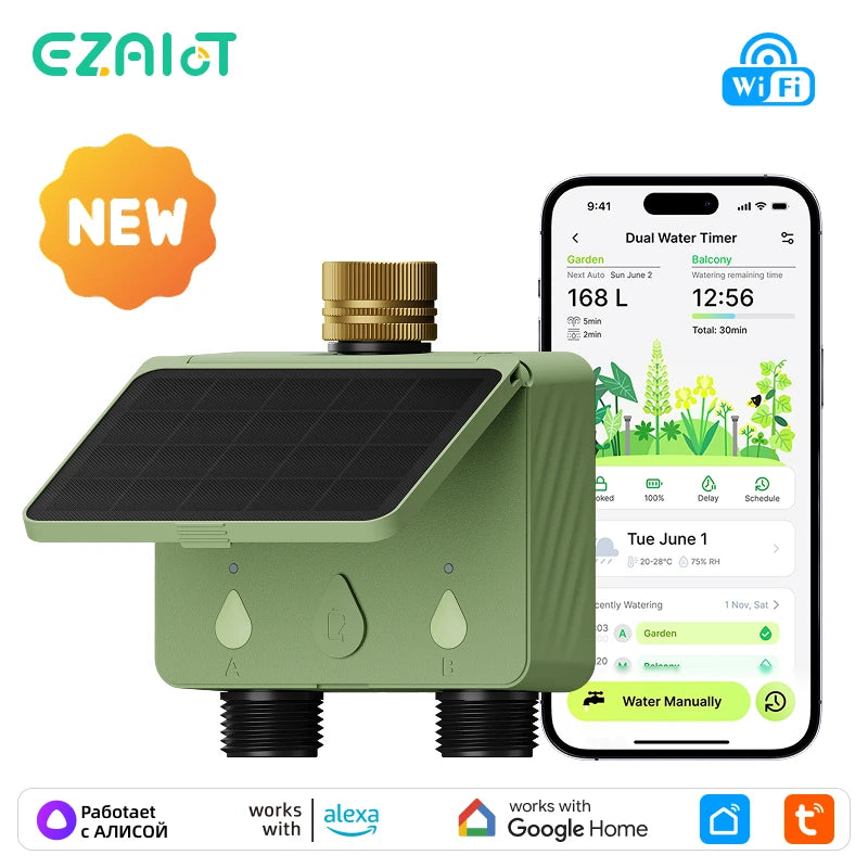 Smart WiFi 2 Zone Sprinkler Flow Detection Water Timer Tuya Garden Irrigation Controller Solar Power Automatic Watering System