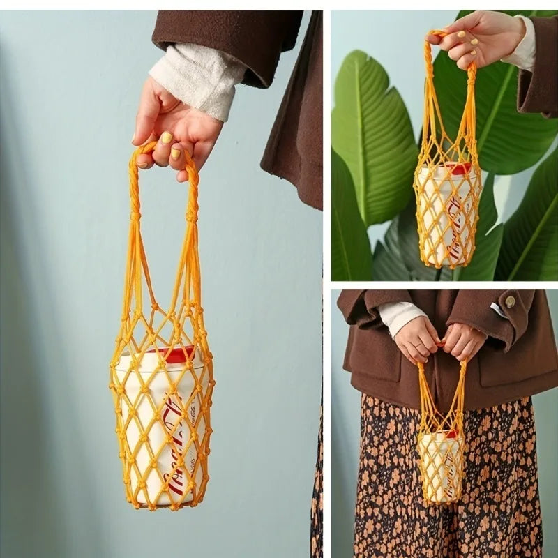 1pc Handwoven Reusable Cylindrical Mesh Bag,Reusable, Hand-Held Water Kettle Bag,Drink Bag,Portable for Beach,Picnics,Travel.