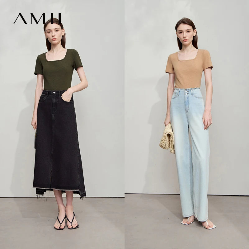 អាវយឺត AMII Minimalist រដូវក្តៅ 2026 សម្រាប់នារីការិយាល័យ ក U ដៃខ្លី អាវកប្បាសប៉ាក់ត្រង់ សម្លៀកបំពាក់សម្រាប់នារីៗ 12542304