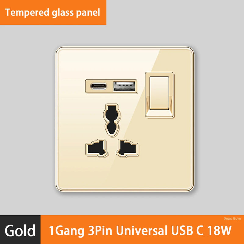 Luxury All Tempered Glass Wall Lamp Switch Button Golden UK Plug 13A Universal Wall Socket with Usb ,220V2gang2way Dimmer Switch