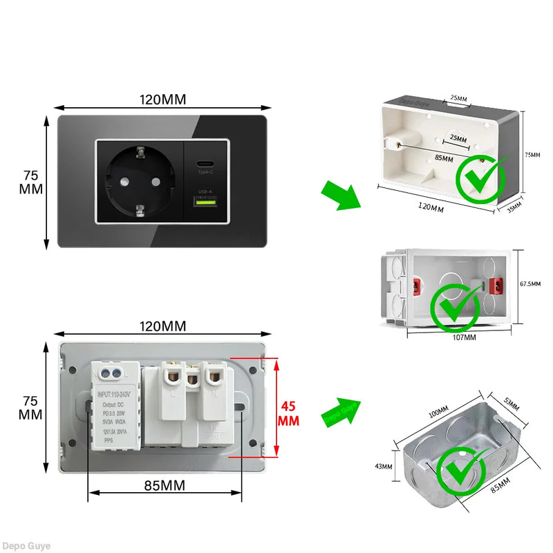 Type 118 Black Tempered Glass Panel EU Wall Light Switch,Europe Wall Socket With USB Type-c 18W Quick Charge Outlet 118*75mm
