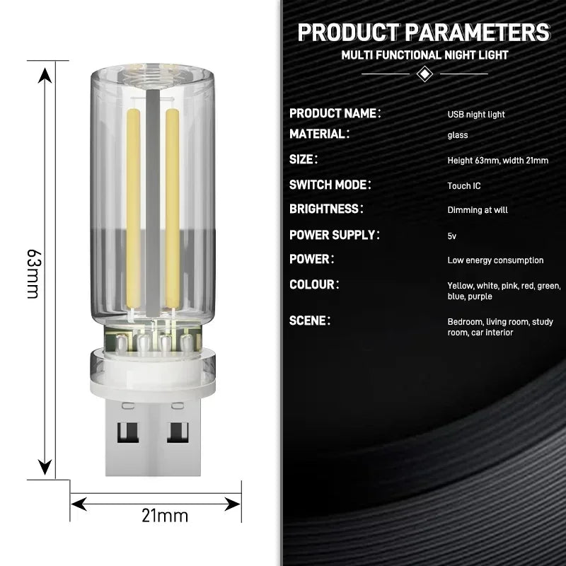 USB Touch Control LED Night Light Portable Lighting Incandescent Lamp Atmosphere Filament Light Bulb Car Bedroom Decoration