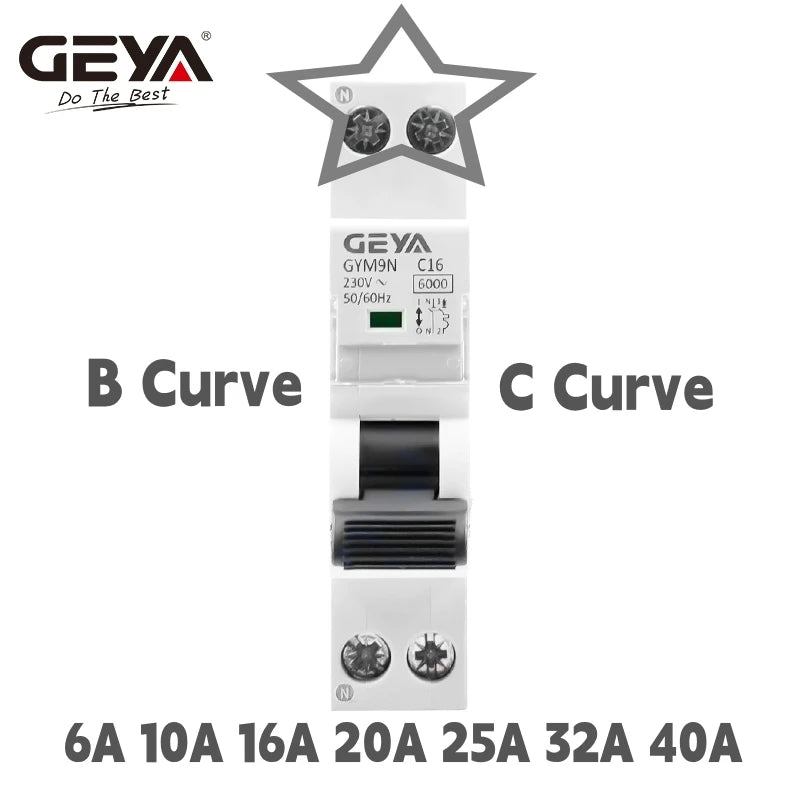 ឧបករណ៍បំបែកសៀគ្វី GEYA GYM9N DPN ខ្នាតតូច MCB 1P+N MCB 10A 16A 220V AC ឧបករណ៍បំបែកសៀគ្វី 6KA ខ្សែកោង C ខ្សែកោង B