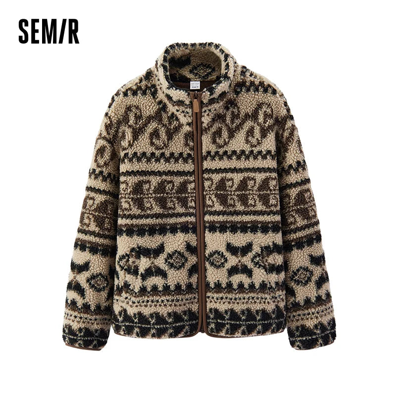 Semir Jacket Women Winter Faux Lamb Wool Fleece Stand Collar Loose Patterned 2025 New Fashion Retro Jacket Women'S Wear