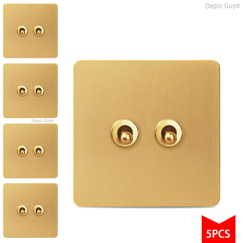 5/10 PCS Gold Wall Light Toggle Switch Vintage Brass Lever Stainless Steel Panel Vintage Brass Lever For Home Improvement