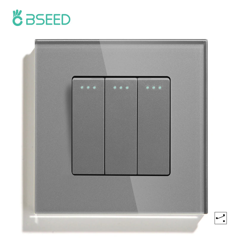 BSEED  Mechanical Light Switch Wall Power Switch On Off Switch Button Lamp Switch 1/2/3Gang 2Way With Glass Frame Home Switch