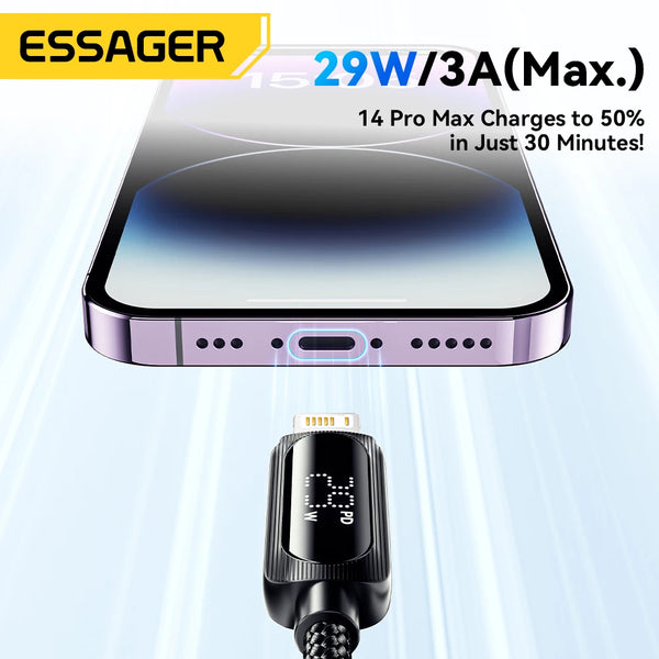 ខ្សែសាក USB Essager សម្រាប់ iPhone 14 13 12 11 Pro Max XS PD 29W សាកថ្មលឿន Type C ទៅ Lighting Data Cord