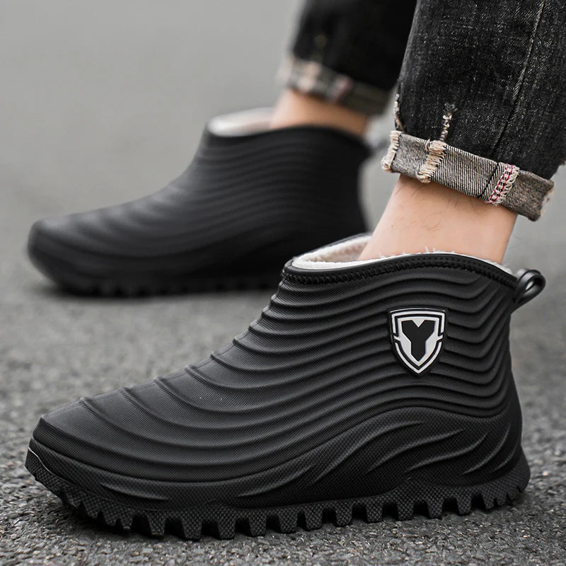 Men's warm plush rain shoes winter non-slip waterproof outdoor fishing water shoe fashion youth casual wading camping rain boots