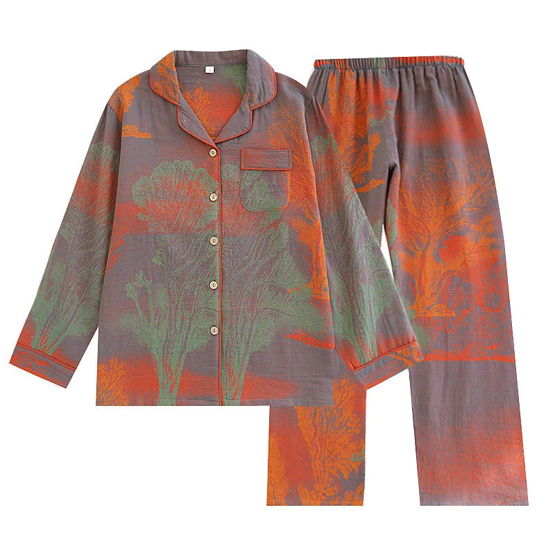ឈុតអាវផាយ៉ាម៉ាសម្រាប់នារីបោះពុម្ពបែប Retro 100% កប្បាស ឈុតខោសម្រាប់រដូវស្លឹកឈើជ្រុះរដូវរងា ឈុតគេងធម្មតាសម្រាប់នារីនៅផ្ទះ