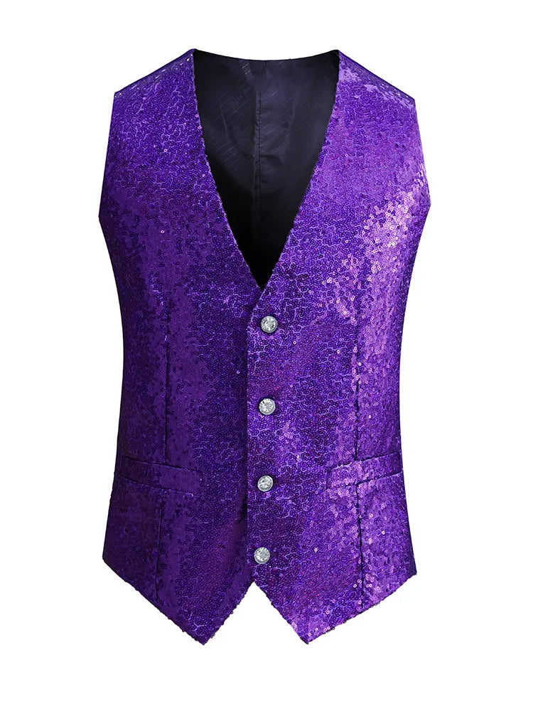2026 New Men's Red Shiny Sequins Single Breasted Sleeveless Vest, V-Neck Waistcoat Gold Black White Blue Purple Available M-XXXL