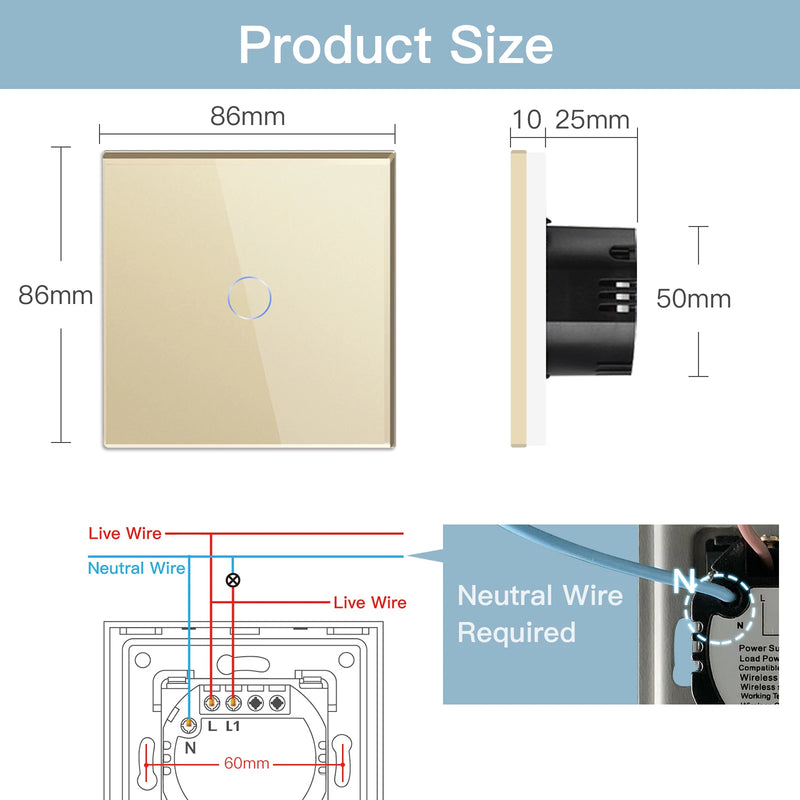 BSEED EU Standard Smart WiFi Light Switch 1/2/3 Gang 1/2/3 Way Touch Wall Switch & Socket Outlet Works with Google Home Alexa