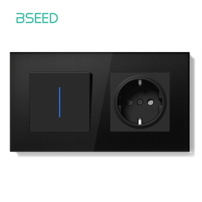 BSEED E Series Mechanical Wall Light Switch Button Switch 1/2Gang 1Way With Wall Socket Crystal Glass Panel Switch On Off 250V