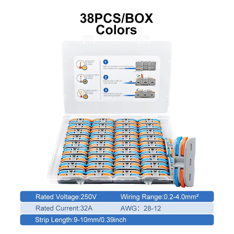 TOMZN YL222 Lever Wire Connectors 38PCS 2In 2Out Quick Splicing Terminal Blocks 32A 250V for 28-12AWG Universal Wire Joiner Kit