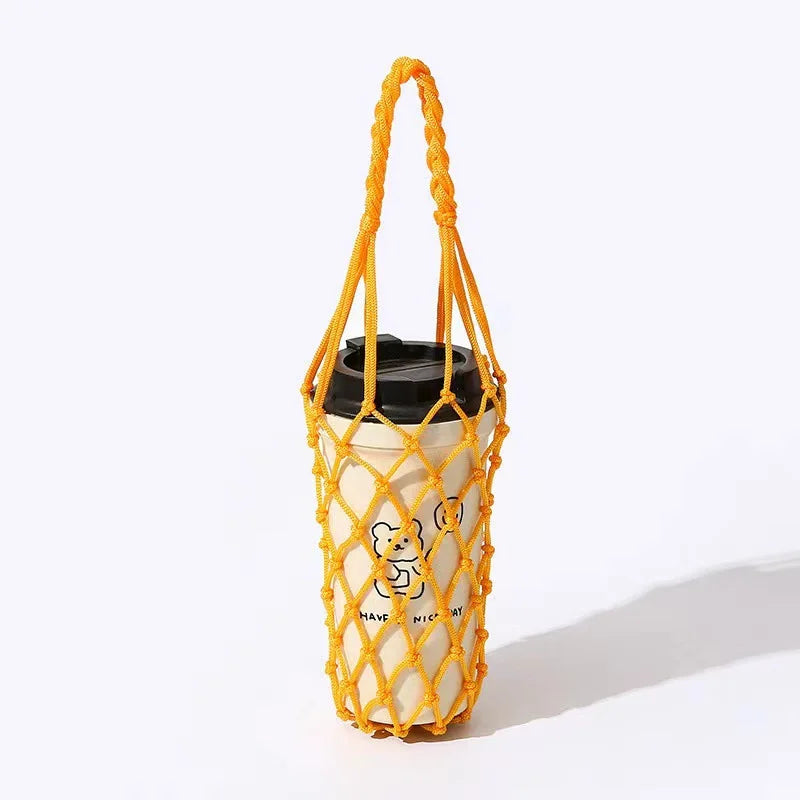 1pc Handwoven Reusable Cylindrical Mesh Bag,Reusable, Hand-Held Water Kettle Bag,Drink Bag,Portable for Beach,Picnics,Travel.