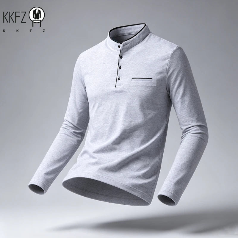 Men Stand Collar Long Sleeve Polo Shirt Slim Fit Half Button Design Chest Pocket Soft Fabric Business Daily Tops