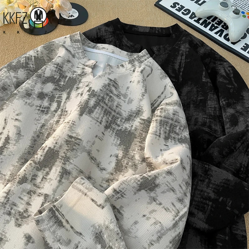 Male Streetwear Gradient Dye Long Sleeve Top Crew Neck Ink Splash Print Oversized Fit For Various Autumn Daily Occasions
